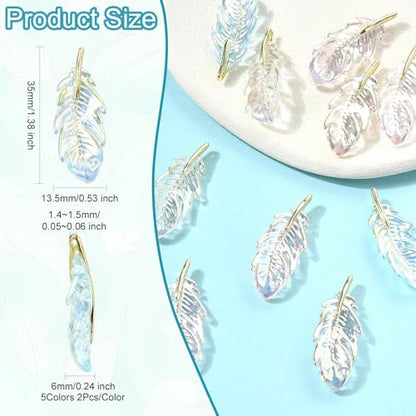 Stiesy 10 Pcs Feather Charms Pendants UV Plating Transparent Acrylic Wings Feathers Charm Bulk for Jewelry Bracelet Making DIY Crafts Necklace - color: Feather-10pcs-5 colors