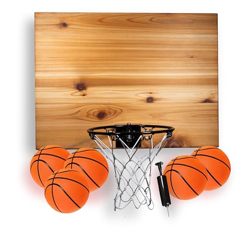 Elite Mini Basketball Hoop & Ball Set, Wall Mount, Indoor Made in the USA Cedar Backboard. Includes 9” Hoop, Net, Pump & 5 Mini Basketballs.