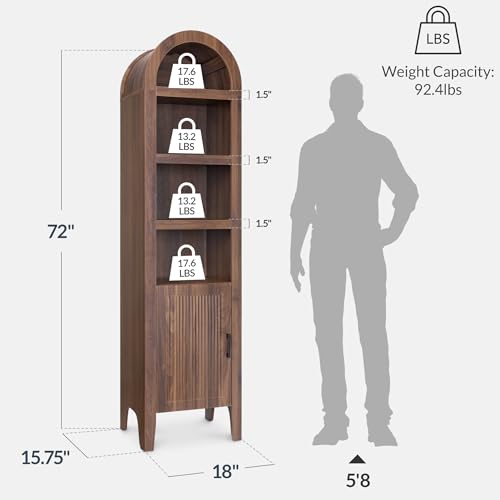 Best Choice Products 72" Tall Narrow Arched Pantry Cabinet w/Reeded Door, 4-Tier Bookshelf, Armoire, Hutch, Bookcase, Storage Cabinet w/Adjustable Shelves, for Dining Room and Livingroom - Walnut - color: Narrow - Walnut