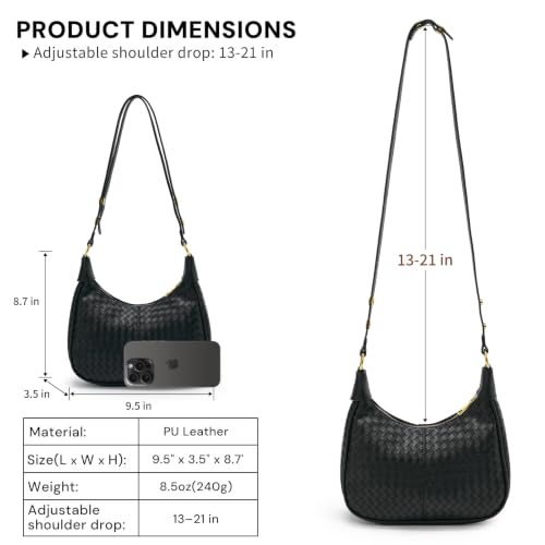 Shoulder Bags for Women Small Hobo Bags Crescent Shaped Cute Retro Tote Handbag Mini Clutch Purse with Zipper Closure - color: Black Woven