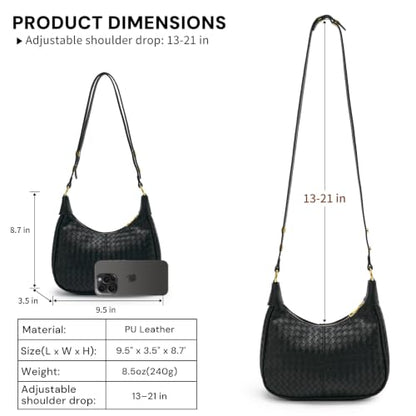 Shoulder Bags for Women Small Hobo Bags Crescent Shaped Cute Retro Tote Handbag Mini Clutch Purse with Zipper Closure - color: Black Woven