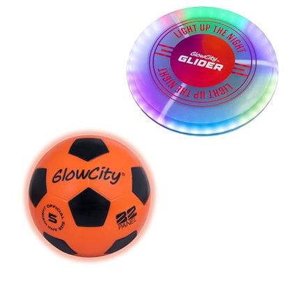 GlowCity Glow in The Dark Soccer Ball + Glider LED Flying Disc, Light Up, Durable, Multi-Color, Perfect for Evenings and Night Time, Great Gift for All Ages Teens