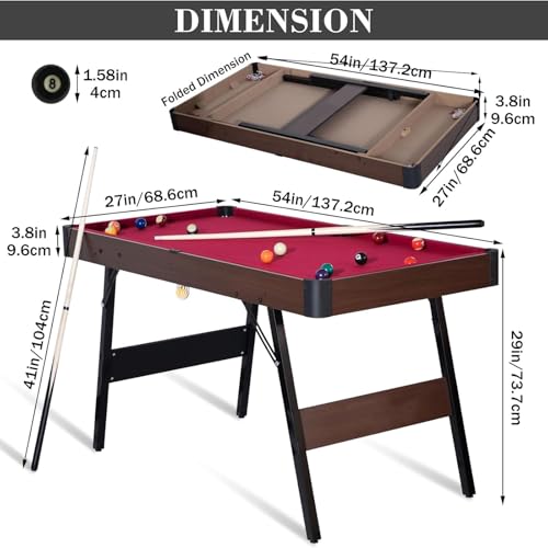 Folding Pool Table, Portable Billiard Game Table for Kids and Adults, Mini Pool Table with Locking Legs and Adjustable Feet, Complete Set with Balls Cues Triangle Chalk Brush - color: A