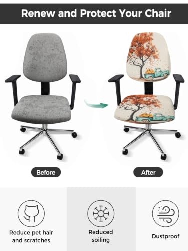 Savannan Office Chair Cover, Fall Orange Maple Tree Pumpkin Protective Stretch Elastic Universal Cover for Desk Task Chair,Computer Rotating Chair 1 Pcs Farm Truck Retro Linen