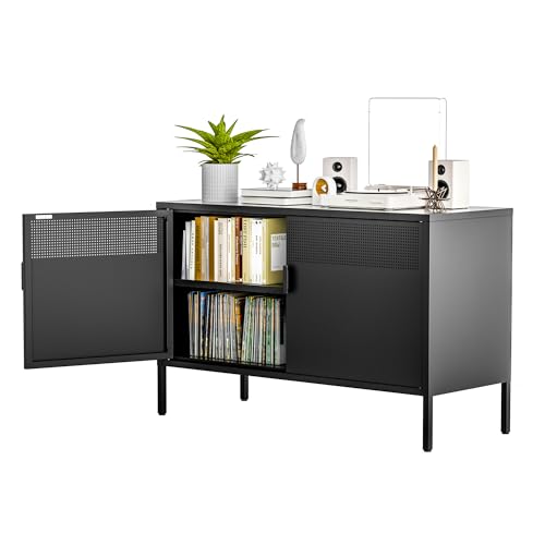 Ustamio Black Wide Metal Locker Storage Cabinet, 2 Door Accent Cabinet for Home and Office, 2 Tier Low Metal Cabinet With Doors and Shelf, Multipurpose TV Stand - color: Black, size: 25.2"H-Metal Doors