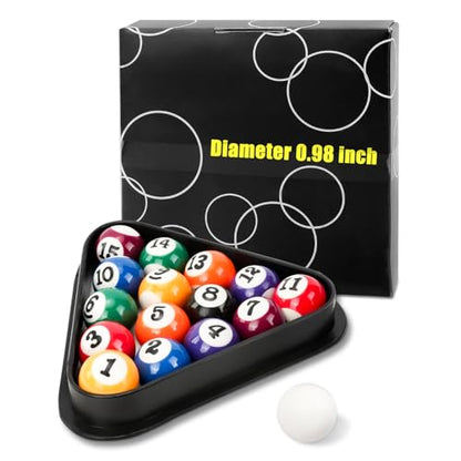 CEYAZYE 16Pcs 25mm/0.98in Mini Billiard Balls Set with Triangle Ball Rack | Small Tabletop Pool Table Balls, Resin Children Pool Ball for Kid's Table, Indoor Game Toy, Travel & Family Fun
