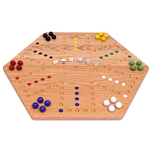 Wahoo Wooden Marble Game Board Set - Large 24" Wide - Solid Oak Wood - Double-Sided - with Large 22mm Marbles and Dice Included