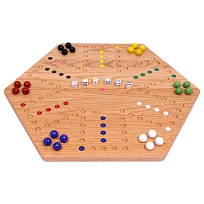 Wahoo Wooden Marble Game Board Set - Large 24" Wide - Solid Oak Wood - Double-Sided - with Large 22mm Marbles and Dice Included