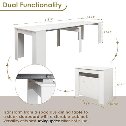 20"-118" White Marble Extendable Dining Table for 2-12 People, Modern Modular Extension Table, Space-Saving Extra Long Folding Dining Table, Multifunctional Conference Meeting Table - color: White Marble, style: 20" - 118.5" (2-12 People)