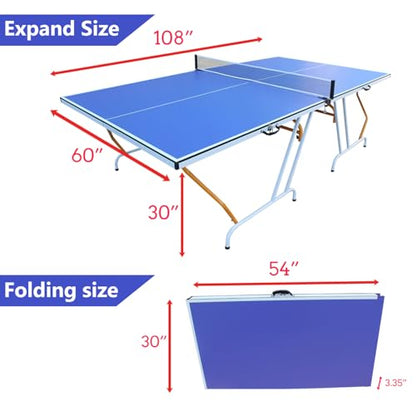9ft Mid-Size Foldable and Portable Table Tennis Table Set for Indoor Games with Net,2 Table Tennis Paddles,3 Balls - Blue MDF Top,Heavy Duty Aluminum Frame,Easy Storage for Apartments,Offices,Game