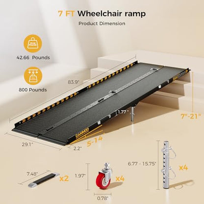 CAMMOO 7 FT Portable Wheelchair Ramp-800LBS Heavy-Duty, High-Strength Aluminum Alloy with 4 Adjustable Legs, 4 Wheels, Triple Anti-Slip and Seamless Design, Ideal for Home Steps, Threshold, Doorways - size: 7 FT