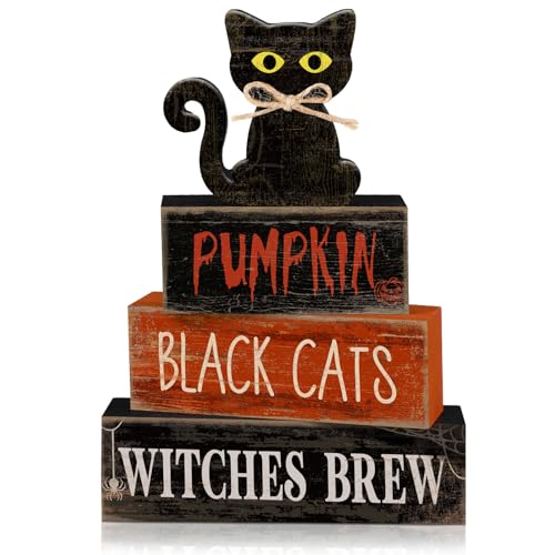 Lineshading 4 Pcs Halloween Table Decoration Black Cat Wooden Stacked Block, "Pumpkin Black Cats Witches Brew" Signs Spooky Halloween Tiered Tray Decor Rustic Gothic Centerpiece for Home Coffee Bar - style: Black Cat