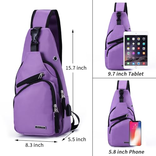 Seoky Rop Men Women Sling Backpack Nylon Water Resistant Shoulder Chest Crossbody Sling Bag with USB Charging Port - color: Purple