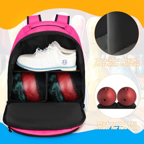 Goloni 2 Ball Bowling Backpack,Bowling Ball Bag with Shoe Compartment & Portective Foam Padded, Fits Shoes Up to US Size 16 - color: Pink