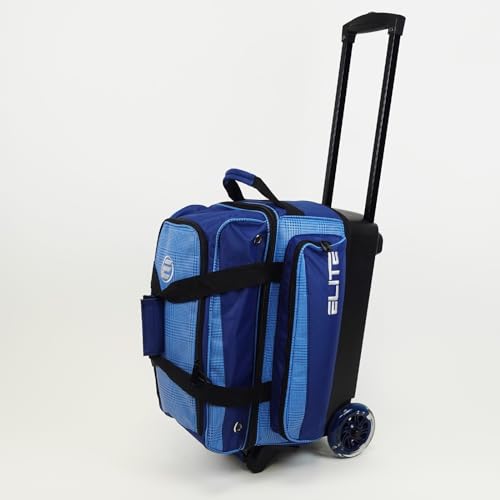 ELITE Deluxe 2 Ball Bowling Bag with 5" Smooth Wheels - Large Accessory Pocket, Shoe Compartment, 36" Extendable Handle - color: Navy Plaid
