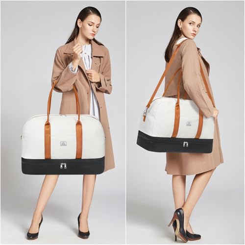 Weekender Bag for Women, Large Overnight Bag Canvas Travel Duffel Bag Carry On Tote with Shoe Compartment 21" 3Pcs Set - color: D03-beige