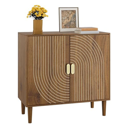 Smuxee Walnut Sideboard Cabinet, Freestanding Buffet Cabinet with Line Groove Design, Wood Storage Cabinet with Adjustable Shelf for Living Room, Entryway, Hallway - color: Walnut