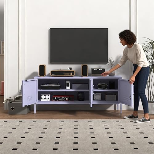 3 Door Lockable Metal TV Stand Storage Cabinet with Accent Cabinet Locker, Wide Heavy Duty Media Console for Large 100+ Inch TVs, Home Office Entertainment Center, Purple 22"H X 47.3"W X 13.8"D - color: Lilac, style: TV stand-22"H-LM