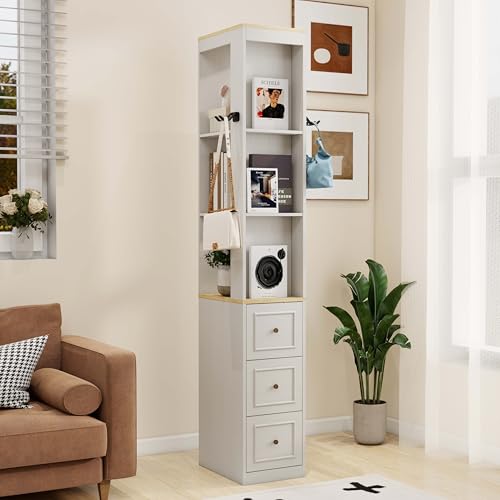 73" Tall Slim Storage Cabinet, Antique White Media Console with 3 Drawers and Display Shelves, Narrow Bookcase for CDs DVDs Game Console, Space Saving Storage for Living Room Bedroom