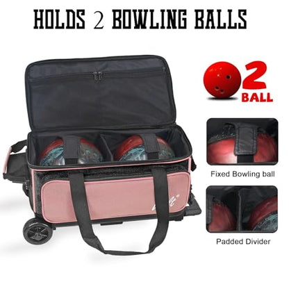 WOLT Double Roller 2 Ball Bowling Bag with Separate Shoe Compartment, Large Capacity Bowling Ball Bag with Accessory Pocket, Retractable Handle Extends to 40" - color: Light Pink