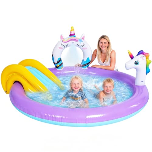 Unicorn Inflatable Swimming Pool with Water Slides, Inflatable Play Center Kiddie Pool with Water Sprayer Garden Outdoor Backyard - size: 76.8"