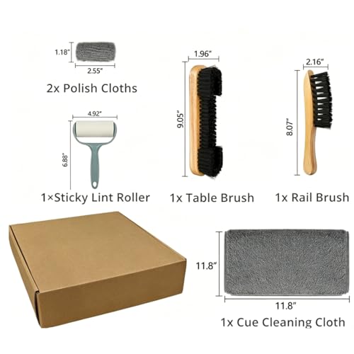 11pices Billiard Table Cleaning Set , including 2 wooden brushes, a cue cleaning cloth, sandpaper for polishing cue tips, a lint roller, a cue tip protector, three-finger gloves and a storage bag