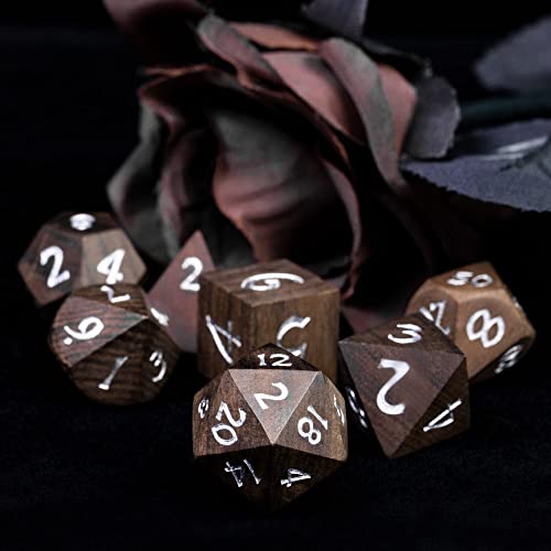 7PCS Wooden Polyhedral Dice Set, D&D Wood DND Dice Set with Metal Box for Role Playing Tabletop Games (Bubinga Wood) - color: Bubinga Wood