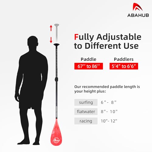 Abahub Carbon Fiber SUP Paddles, 1 x 3 Section Adjustable 67" - 86" Carbon Fiber Shaft, Lightweight Stand-up Paddle Oars for Paddleboards, with a Carrying Bag - color: Carbon Fiber Shaft & Red Wave Print Plastic Blade