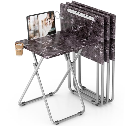 Folding TV Tray Table with Cup Holder, TV Dinner Table with Sturdy MDF Top, Eating Trays with Tablet Slot for Living Room, Bedroom, Sofa (Black Marble, 4Pcs) - color: Black Marble, size: 4PCS