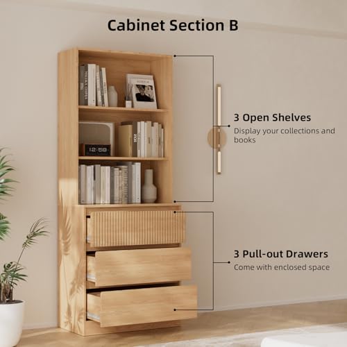 TUSY Tall Bookcase with Glass Doors and Drawers,71'' Wooden Bookshelf with Storage,Display Cabinet for Living Room, Home Office,Set of 2 (A+B)
