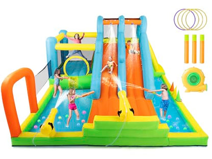 JOYLDIAS Inflatable Water Slide, Giant Water Park Bounce House with 2 Long Slides, Splash Pool,Trampoline, Climbing Wall, Ring Toss Game, 550W Air Blower for Kids Backyard Garden Indoor Outdoor Use