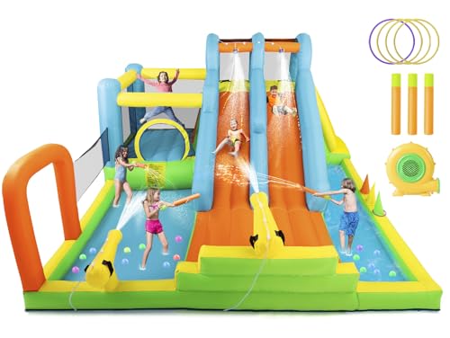 JOYLDIAS Inflatable Water Slide, Giant Water Park Bounce House with 2 Long Slides, Splash Pool,Trampoline, Climbing Wall, Ring Toss Game, 550W Air Blower for Kids Backyard Garden Indoor Outdoor Use
