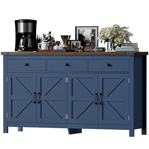 VVFLU 63" Sideboard Buffet Cabinet with Storage, Coffee Bar with 3 Drawers and 4 Barn Doors, Long Wider Storage Cabinet Modern Farmhouse, Blue Wood, for Kitchen, Dining Room, Living Room - color: Blue/Wood, size: 15.7"D x 63"W x 35.2"H