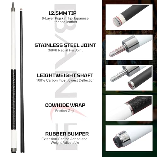 Banly Carbon Fiber Pool Cue Stick - Billiard Pool Stick for Adults, Low Deflection Pool Stick with Metal Ring Professional Cue Stick with Box Case - color: White