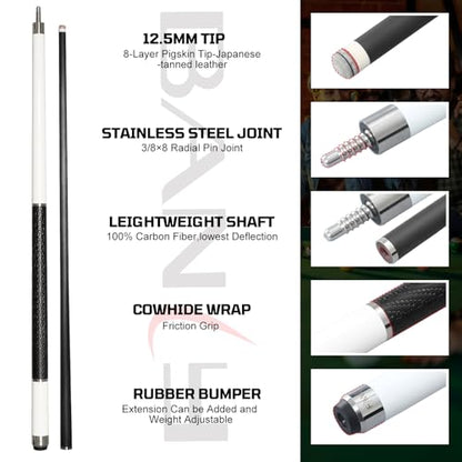 Banly Carbon Fiber Pool Cue Stick - Billiard Pool Stick for Adults, Low Deflection Pool Stick with Metal Ring Professional Cue Stick with Box Case - color: White