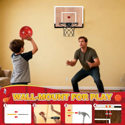 NZQXJXZ Indoor Basketball Hoop for Kids, Mini Basketball Hoops Over The Door and Wall Mount with Wooden Backboard, 3 Balls and Pump, Idea Toys Gifts for Kids and Adult,Score Version