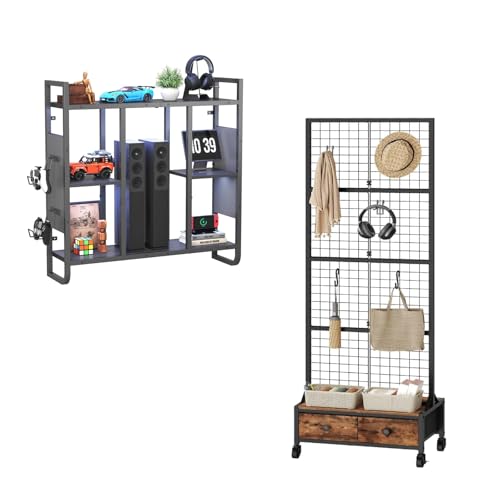 MAHANCRIS Gaming Floating Shelves and 1.8' x 5.6' Ft Grid Wall Panel Bundle, Display Rack for Gaming Room Decor, Kitchen, Home Bar, Entryway, Kitchen, Outdoors, FSHS142E01-GPHR5601