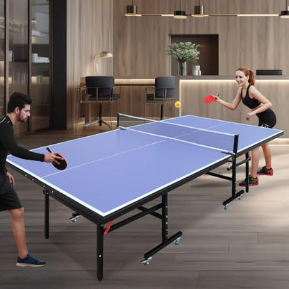 Table Tennis Table Indoor Foldable Table Tennis Game Set, 8-Feet Single Play Mode Table with Net Pole Set, 2 Pars and 3 Balls