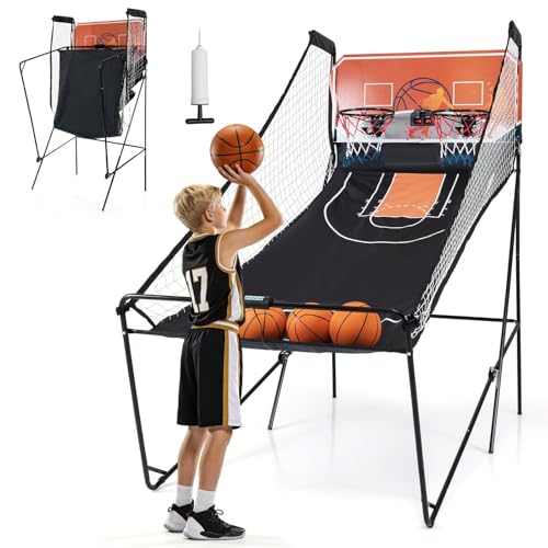 Goplus Foldable Dual Shot Basketball Arcade Game, Electronic Basketball Hoop w/LCD Scoreboard, 8 Game Modes, 4 Balls, Indoor Outdoor Basketball Game Machine for Adults (Orange) - color: Orange