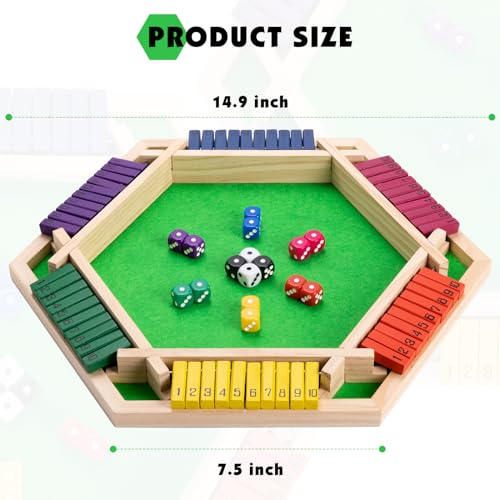 Shut The Box Game Large for 6 Players, 15 inch Wooden Board Table Math Game with 16 Dice and Instructions, Classics Close The Box Board Game - size: 14.99 INCH