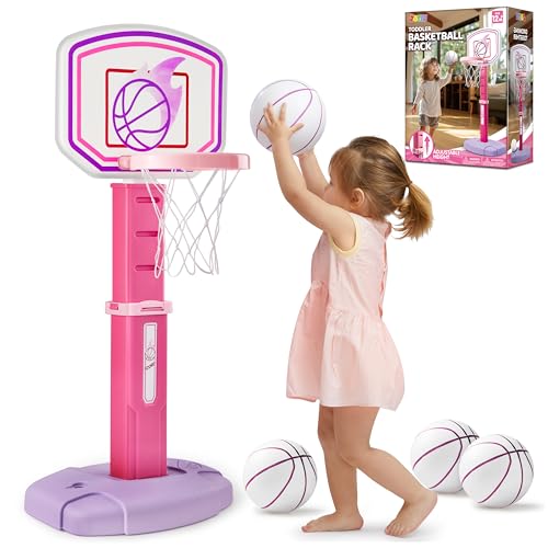 JOYIN Toddler Basketball Hoop, Adjustable Basketball Goal with 4 Balls for Kids Indoor Outdoor Play, Basketball Arcade Game, Christmas Birthday Gift for Boys Girls Age 1 and Up - Air Pump Included - color: Pink and Purple