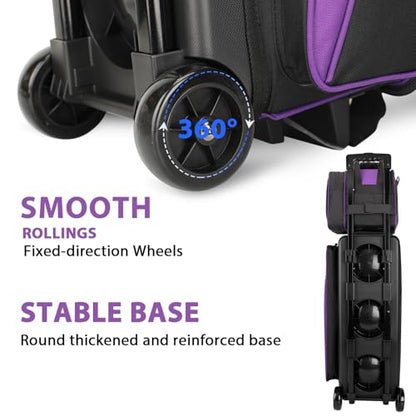 Goloni 3 Ball Bowling Bag with Wheels, Rolling Bowling Roller Bag with Retractable Handle for Balls & Bowling Accessories - color: 4 Ball-Purple