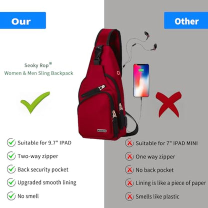 Seoky Rop Men Women Sling Backpack Nylon Water Resistant Shoulder Chest Crossbody Sling Bag with USB Charging Port - color: Red