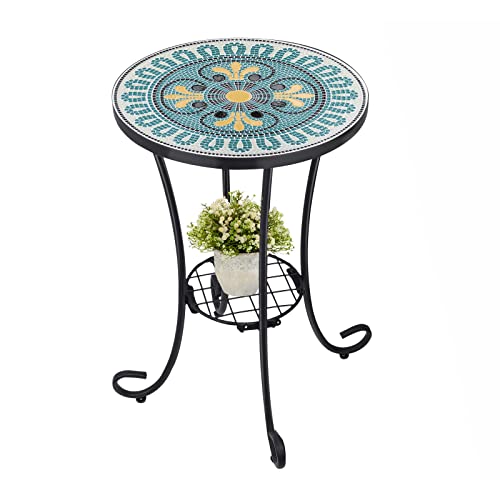 VCUTEKA Outdoor Side Table Mosaic Patio Table Accent Tables Mosaic Tile Top Metal Frame Small End Tables Porch Beach Patio Garden Balcony Green 14'' - color: Green