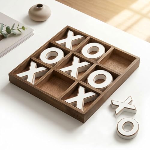 American Art Decor Wood Tic Tac Toe Board Game for Coffee Table - Modern Farmhouse Decorative Wooden Adult Tabletop Set for Living Room or Family Room (Brown/White), 11.8" x 11.8" - color: Brown/White