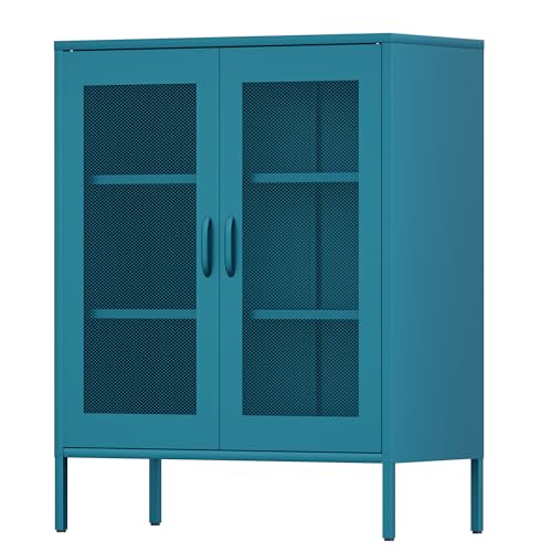 Ustamio Blue Metal Storage Cabinet with Mesh Doors, Small Office Storage with 2 Adjustable Shelves, Accent Metal Locker for Home, Office, Living Room, Hallway - color: Dark Blue, size: 40"H-Mesh Doors