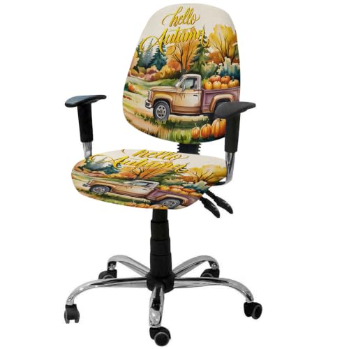 Savannan Office Chair Cover, Vintage Farm Truck Pumpkins Protective Stretch Elastic Universal Cover for Desk Task Chair,Computer Rotating Chair 1 Pcs Hello Autumn on Linen
