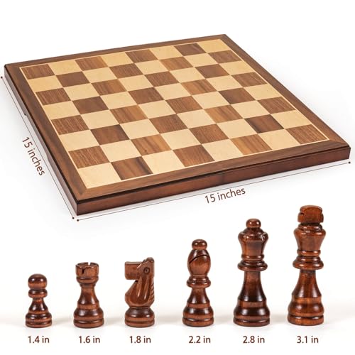 Chess Set Board Games for Adults: Handmade Walnut Wooden 15" 2 Extra Queens Folding Portable Travel Chess Game, Gift idea, Pieces Storage Slots,Instructions - color: Walnut Texture