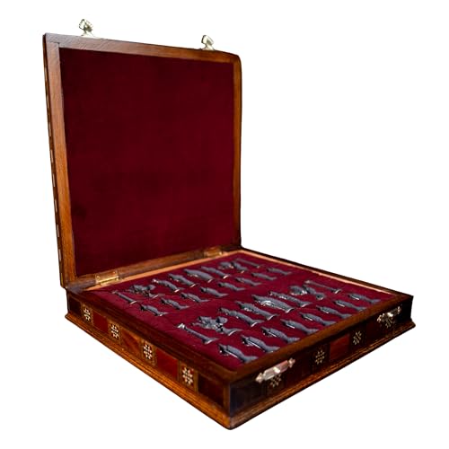 Medieval British Army Antique Copper Metal Chess Set for Adults,Handmade Pieces and Natural Solid Wooden Chess Board with Storage Inside King 3.35inc