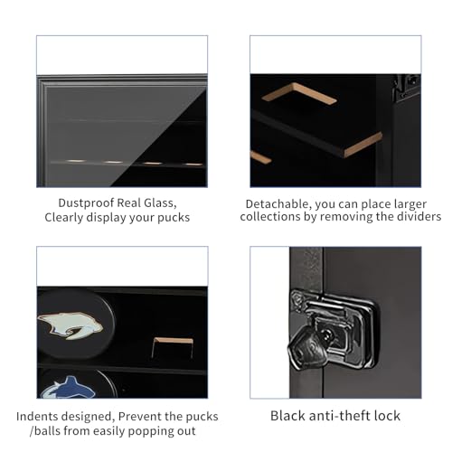 20 Hockey Puck Display Case - Puck Holder Wall Mount Cabinet Stand - Hockey Puck Shadow Box with Glass, Large Black - size: Large-Black